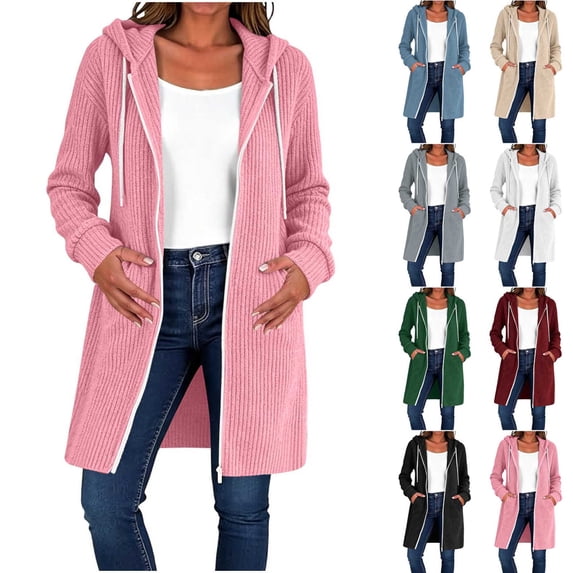 Women Long Vertical Ribbed Knit Hooded Sevevn Cardigan Full Zip Drawstring Dual Side Pockets Long Sleeve Casual Outer Coat For Spring Fall