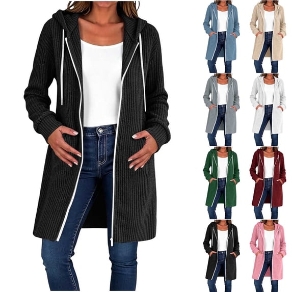 Women Long Vertical Ribbed Knit Hooded Sevevn Cardigan Full Zip Drawstring Dual Side Pockets Long Sleeve Casual Outer Coat For Spring Fall