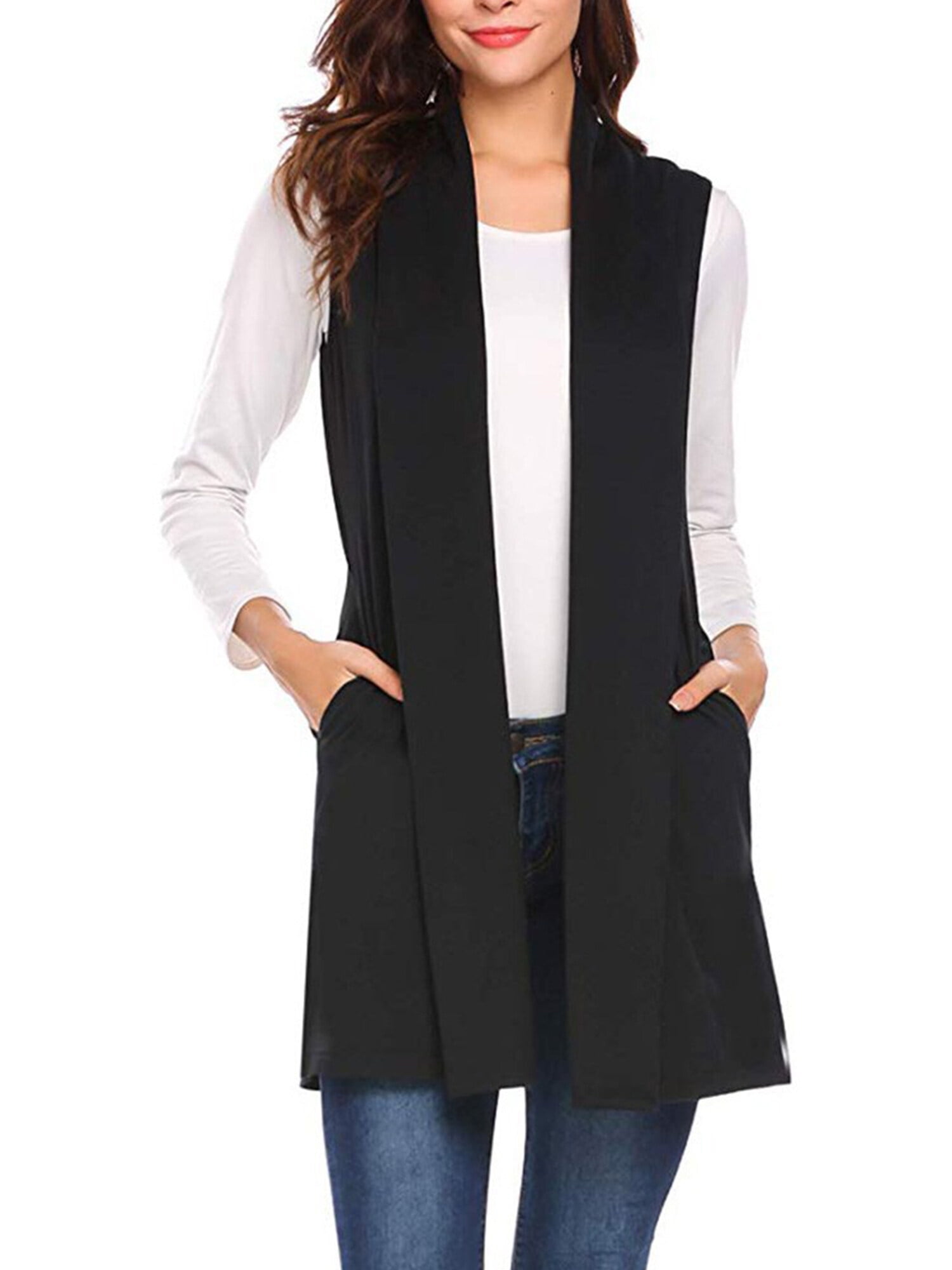 Women Long Vest Front Open Cardigan Sleeveless Waistcoat with Side Pocket  Girl Clothes, Black, L
