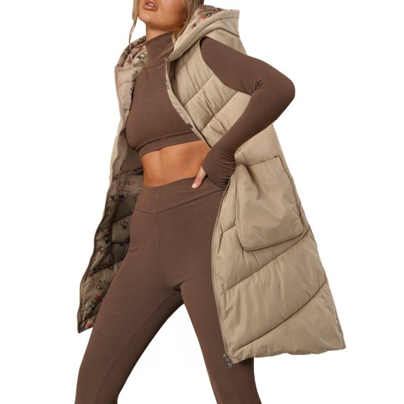 Women Long Vest Jacket Sleveless Hoodies Full Zipper Sleeveless Down Coats Thickened Warm Windbreakers