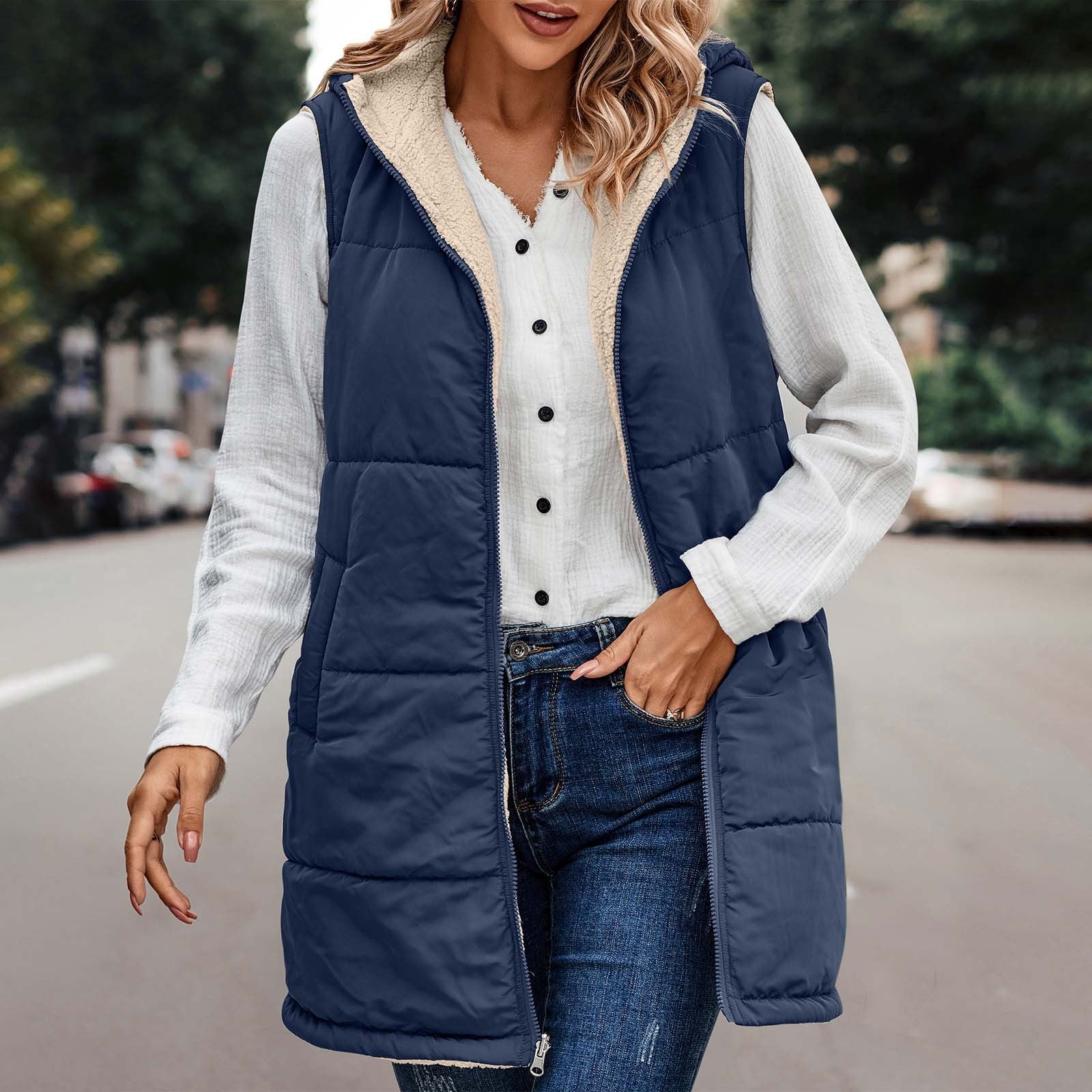 Women Long Vest Solid Color Sleeveless Hood Winter Puffer Vest Outwear