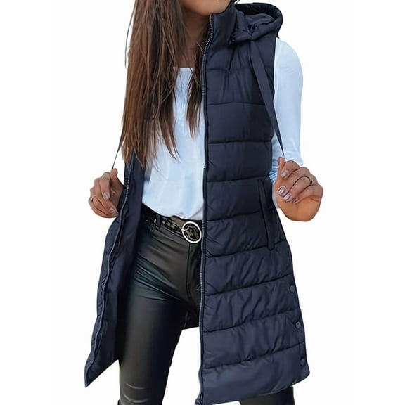 Women Long Vest Solid Color Sleeveless Hood Winter Puffer Vest Outwear Dark Blue XL