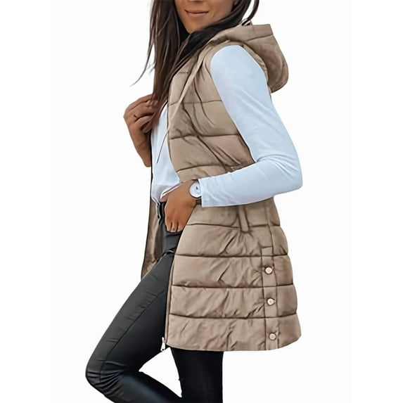 Women Long Vest Solid Color Sleeveless Hood Winter Puffer Vest Outwear Khaki XL