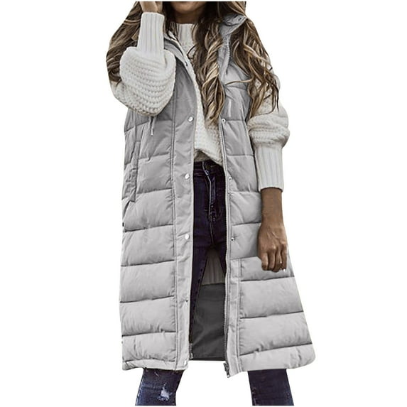 Women Long Vest Solid Color Sleeveless Hood Winter Puffer Vest Outwear Women's Winter Quilted Hooded Zip Up Long Jacket Vest Gilet Solid Color Coats Jacket with Pockets Warm Vest for women