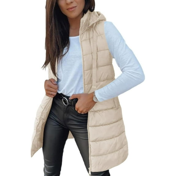 Women Long Vest Solid Color Sleeveless Hood Winter Puffer Vest Outwear
