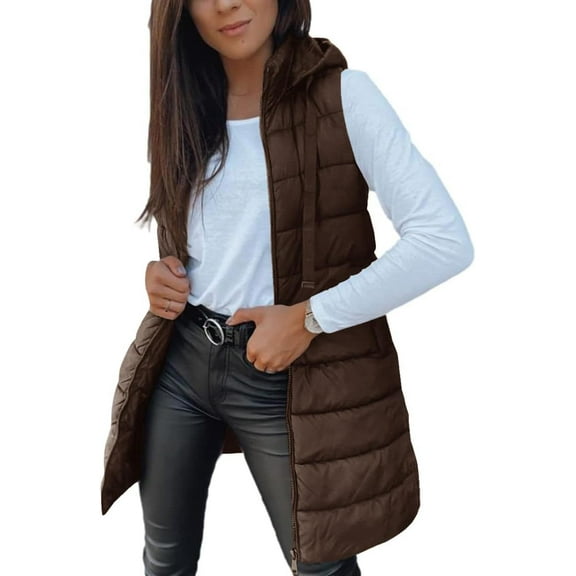 Women Long Vest Solid Color Sleeveless Hood Winter Puffer Vest Outwear