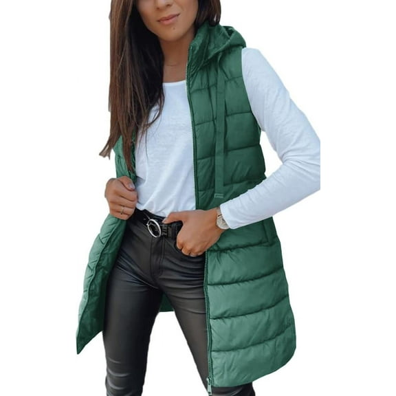 Women Long Vest Solid Color Sleeveless Hood Winter Puffer Vest Outwear