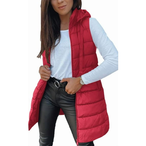 Women Long Vest Solid Color Sleeveless Hood Winter Puffer Vest Outwear