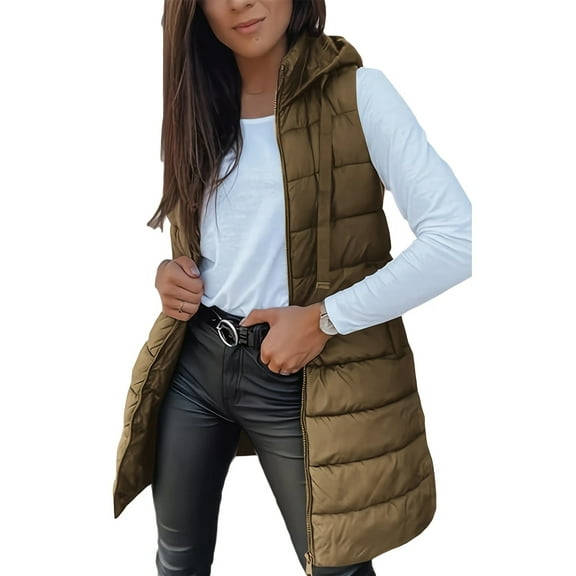 Women Long Vest Solid Color Sleeveless Hood Winter Puffer Vest Outwear