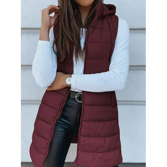 Women Long Vest Solid Color Sleeveless Hood Winter Puffer Vest Outwear