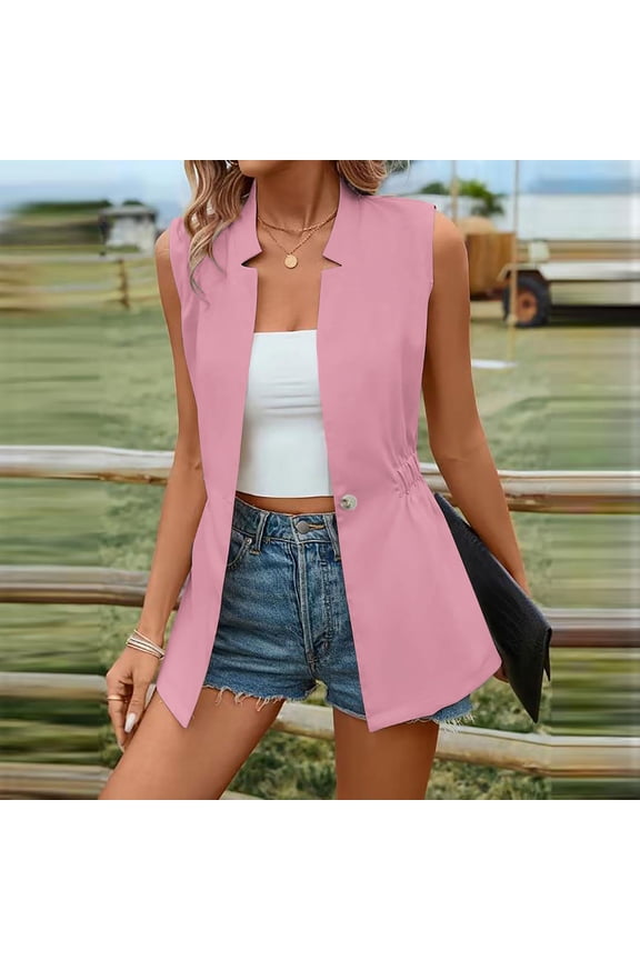 Women Long Vests Blazer Jackets Button Front Notch Lapel Elastic Waist Mid Length Sleeveless Waistcoat for Business Casual Jacket for Women Cold Weather L