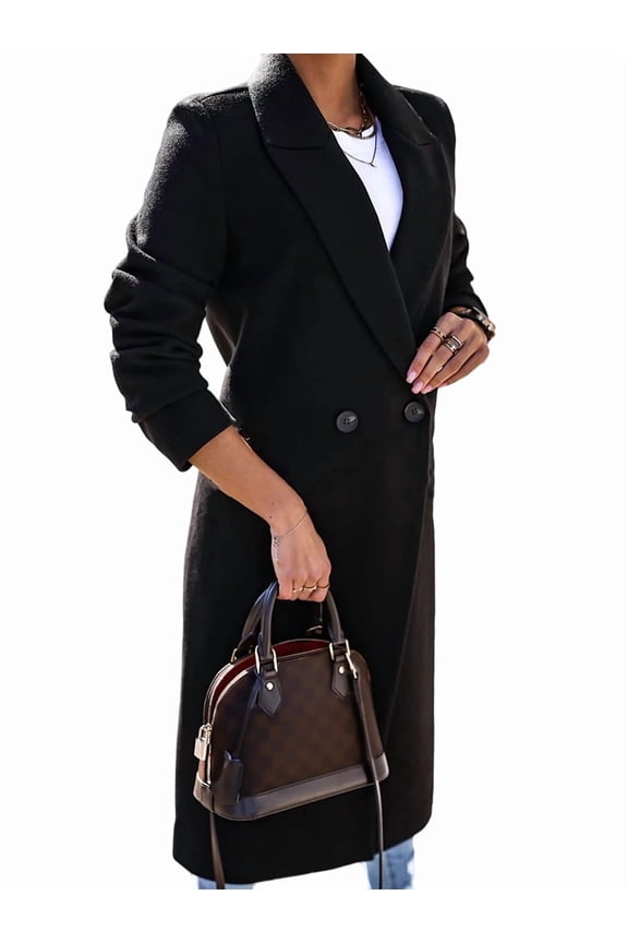 Women Long Wool Coats for Fall Winter Trench Coat Peacoat Double Breasted Blazer Jackets Overcoat Black S