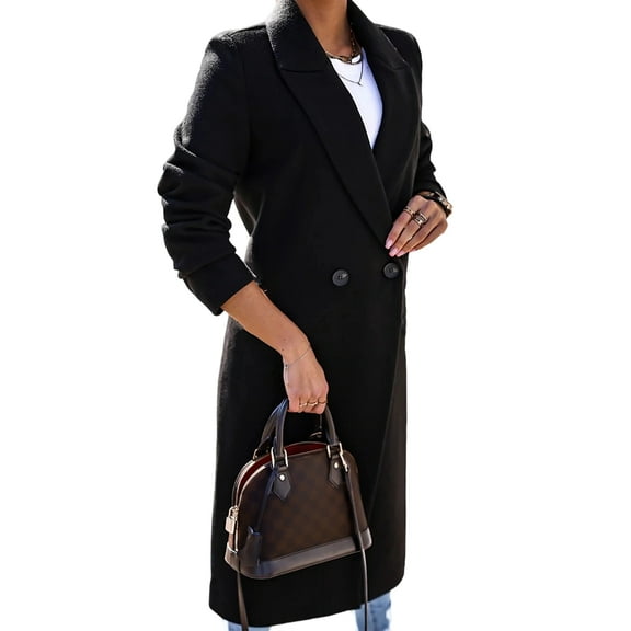 Women Long Wool Coats for Fall Winter Trench Coat Peacoat Double Breasted Blazer Jackets Overcoat Black XL