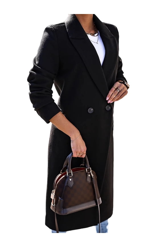 Women Long Wool Coats for Fall Winter Trench Coat Peacoat Double Breasted Blazer Jackets Overcoat Black XL