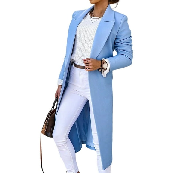 Women Long Wool Coats for Fall Winter Trench Coat Peacoat Double Breasted Blazer Jackets Overcoat Light Blue L