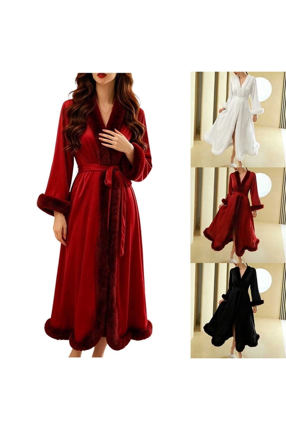 Women Long Wrap Robe Fuzzy V Neck Tie Belt Elegant Home Nightgown Loungewear for Bride Wedding Red XXL