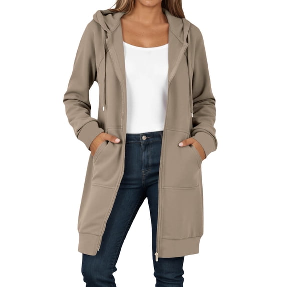 Women Long Zip Up Hooded Tunic Jacket, Oversized Double Fleece Long Sleeve Pocketed Hoodie for Fall Winter Casual Daily (Khaki/L)