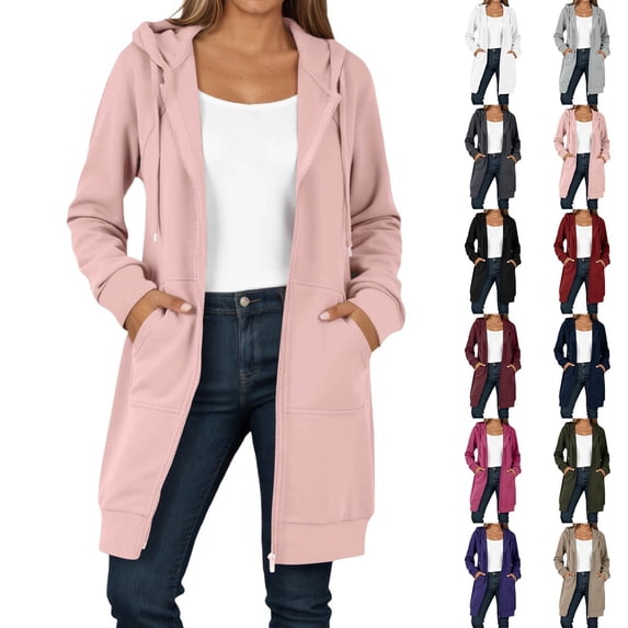 Women Long Zip Up Hooded Tunic Jacket, Oversized Double Fleece Long Sleeve Pocketed Hoodie for Fall Winter Casual Daily (RD2/L)