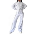 thumbnail image 1 of Women Long-sleeved Coat 2 Pcs/set Women Coat Pants Suit Half-high Collar Zip-up Long Sleeve Top Elastic Waist Wide Leg Pockets Trousers Winter Wear, 1 of 8