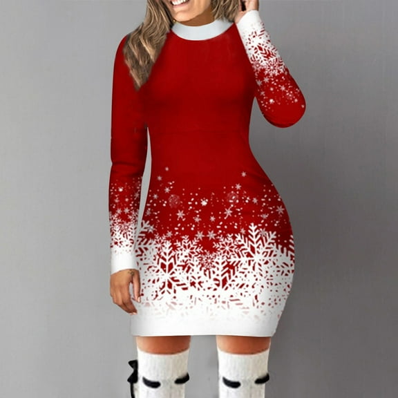 Women Long-sleeved Round Neck Christmas Printed Snowflake Christmas Party Dress Casual Fashionable for Christmas
