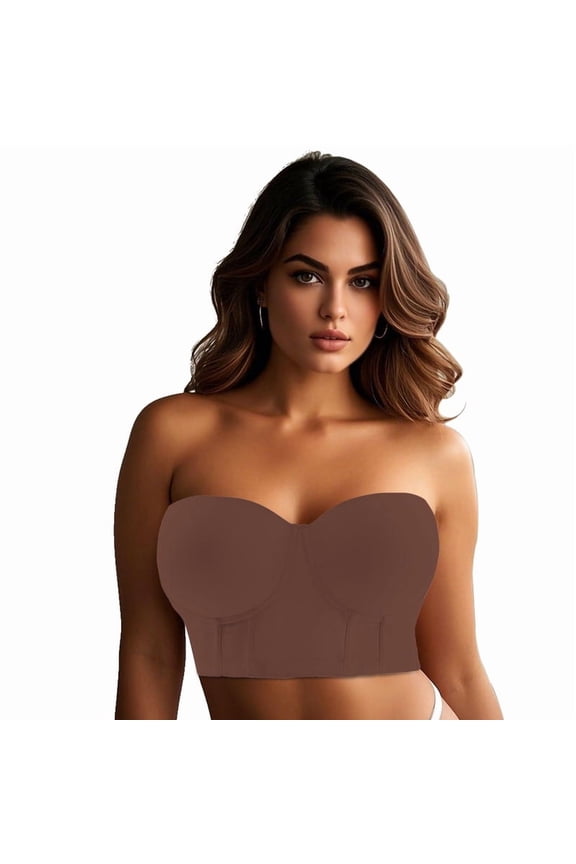 Women Longline Strapless Bra,Push Up Bra,Full Coverage Underwire Bra,Hide Back Fat Deep Cup Bra,Smoothing Bra Chocolate Brown 38DD