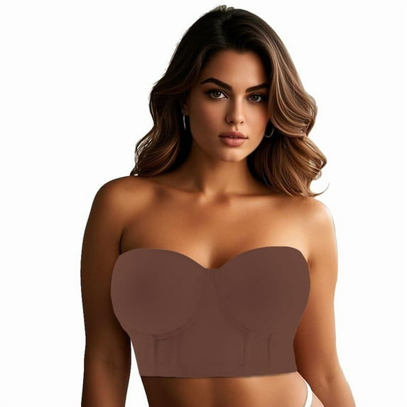 Women Longline Strapless Bra,Push Up Bra,Full Coverage Underwire Bra,Hide Back Fat Deep Cup Bra,Smoothing Bra Chocolate Brown 40DD
