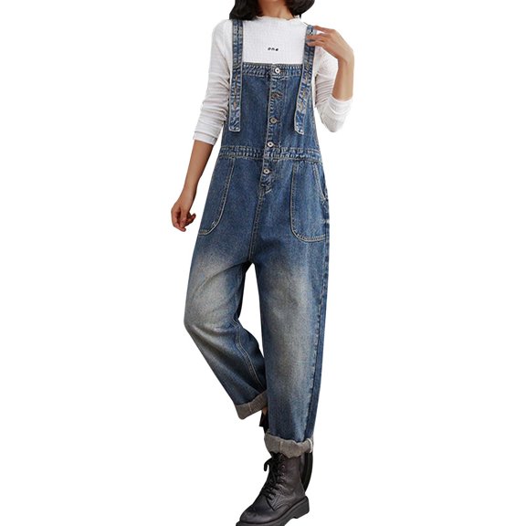 Women Loose Adjustable Strap Denim Bib Overall Jeans Distressed Wide Leg Baggy Overalls Jumpsuit,Blue,XXL