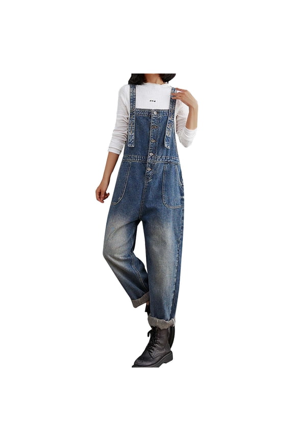 Women Loose Adjustable Strap Denim Bib Overall Jeans Distressed Wide Leg Baggy Overalls Jumpsuit,Blue,XXL