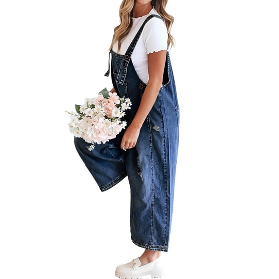 Women Loose Adjustable Strap Denim Bib Overall Jeans Distressed Wide Leg Baggy Overalls Jumpsuit L