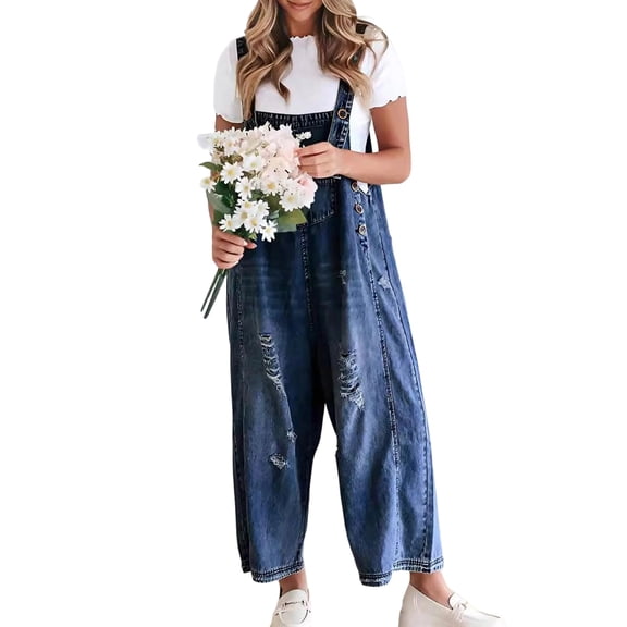 Women Loose Adjustable Strap Denim Bib Overall Jeans Distressed Wide Leg Baggy Overalls Jumpsuit M