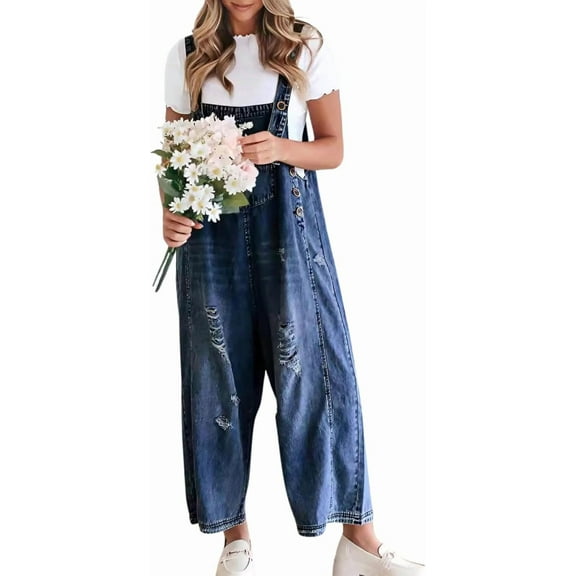 Women Loose Adjustable Strap Denim Bib Overall Jeans Distressed Wide Leg Baggy Overalls Jumpsuit