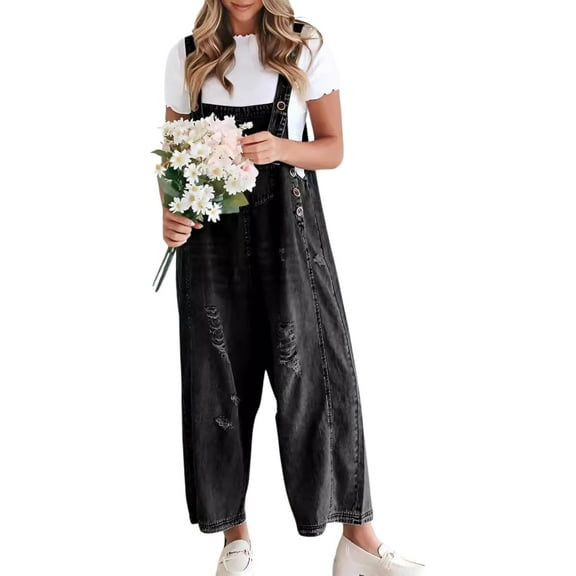 Women Loose Adjustable Strap Denim Bib Overall Jeans Distressed Wide Leg Baggy Overalls Jumpsuit