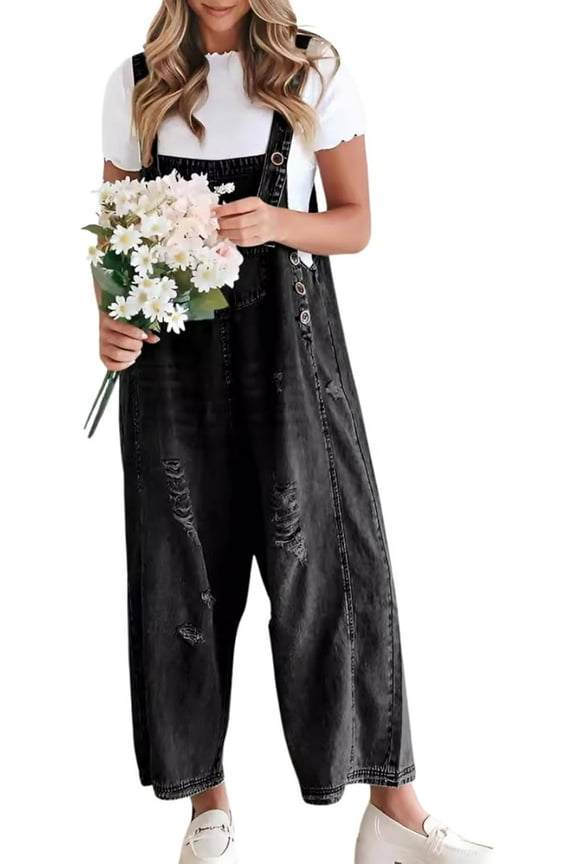 Women Loose Adjustable Strap Denim Bib Overall Jeans Distressed Wide Leg Baggy Overalls Jumpsuit