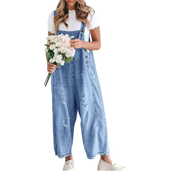 Women Loose Adjustable Strap Denim Bib Overall Jeans Distressed Wide Leg Baggy Overalls Jumpsuit