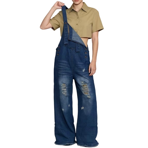 Women Loose Adjustable Strap Denim Ripped Bib Overall Jeans Distressed Wide Leg Baggy Overalls Jumpsuit