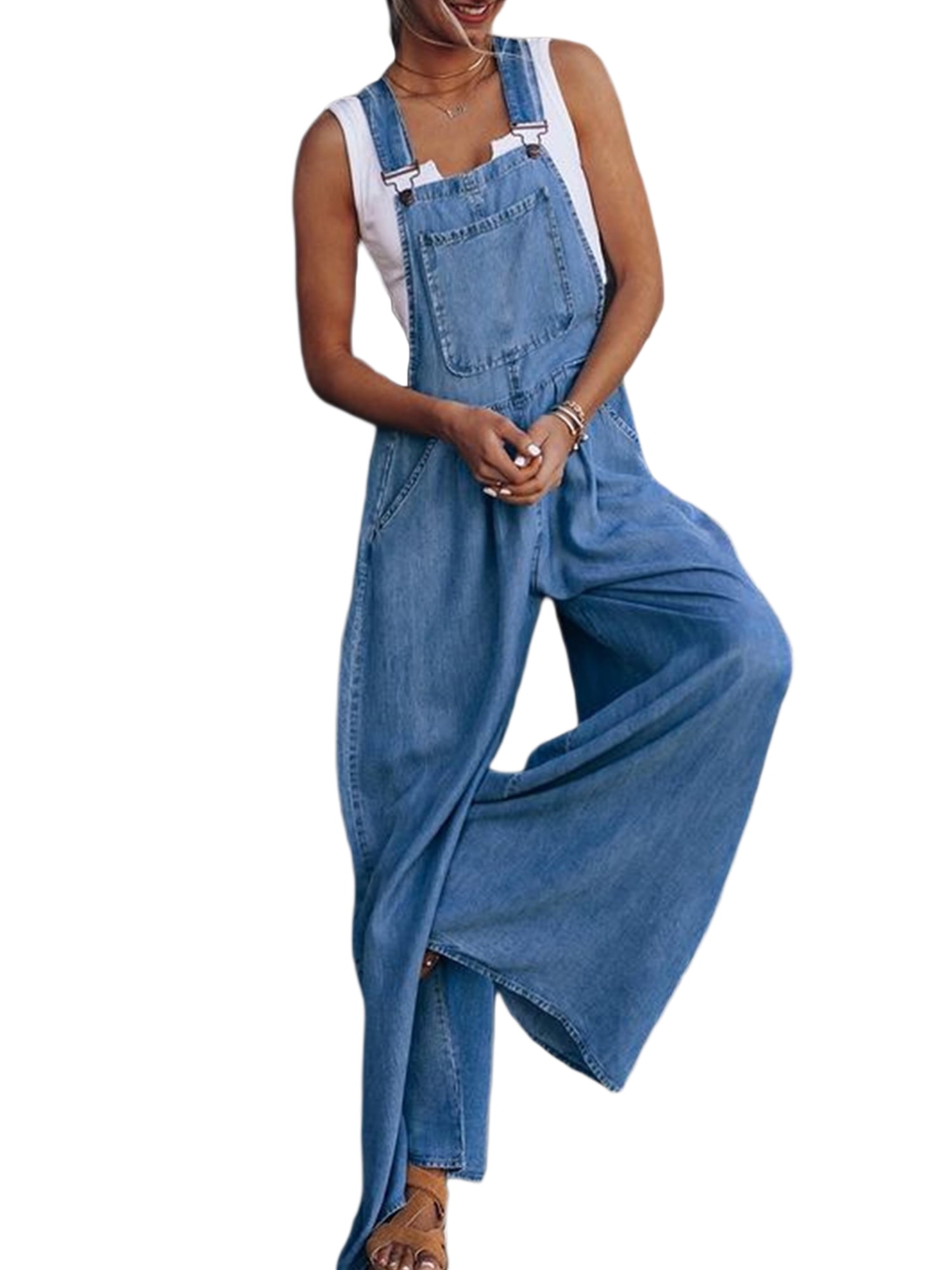 Women Loose Baggy Denim Bib Overalls Plus Size Wide Leg Jumpsuits  Adjustable High Waist Jeans Harem Pants with Pockets