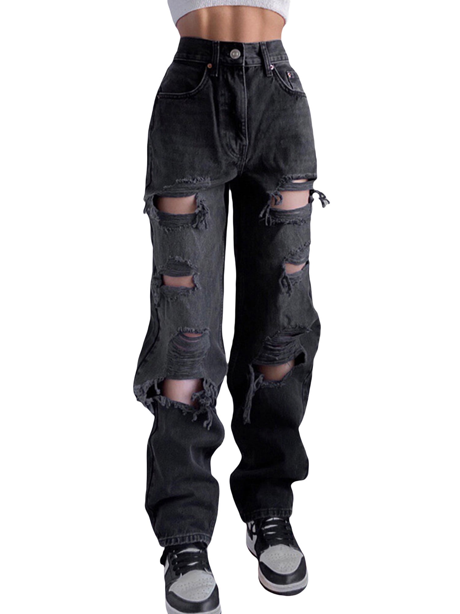 Women Loose Boyfriend Jeans Stretchy Ripped Distressed Joggers