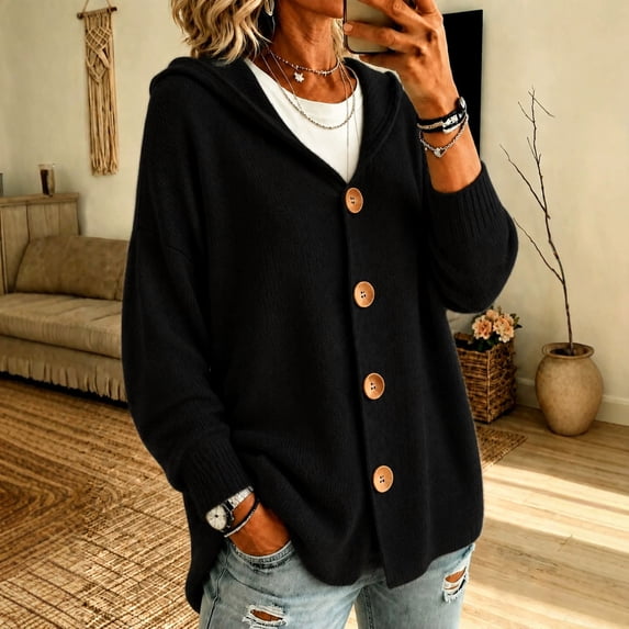 Women Loose Button Front Hooded Knit Cardigan, Drop Shoulder Long Sleeve Casual Sweater Jacket S