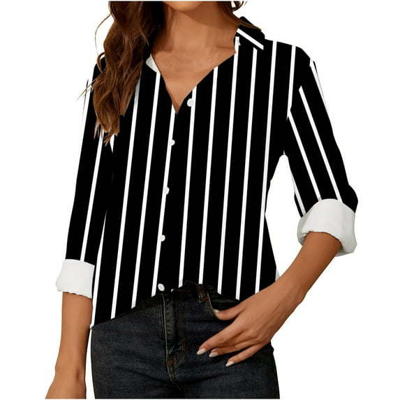 Women Loose Button up Shirts Striped Print Rolled Long Sleeve Lapel Collar Lightweight Casual Blouses Tunic Tops(Black,L)
