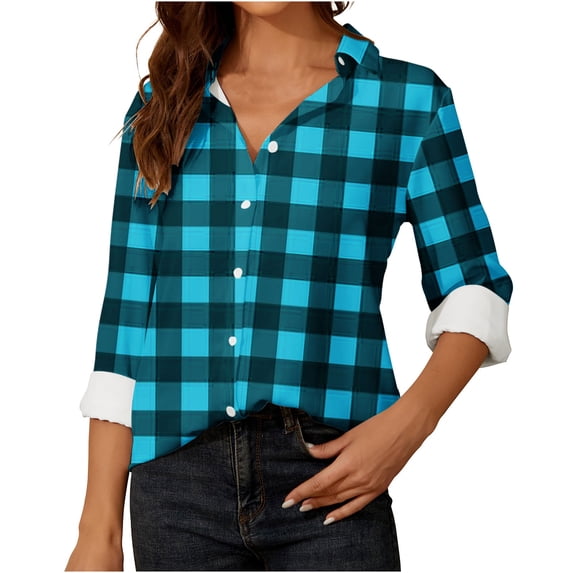 Women Loose Button up Shirts Striped Print Rolled Long Sleeve Lapel Collar Lightweight Casual Blouses Tunic Tops(Light Blue,M)