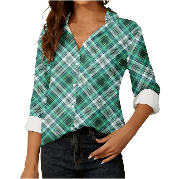 Women Loose Button up Shirts Striped Print Rolled Long Sleeve Lapel Collar Lightweight Casual Blouses Tunic Tops(Light Blue,S)
