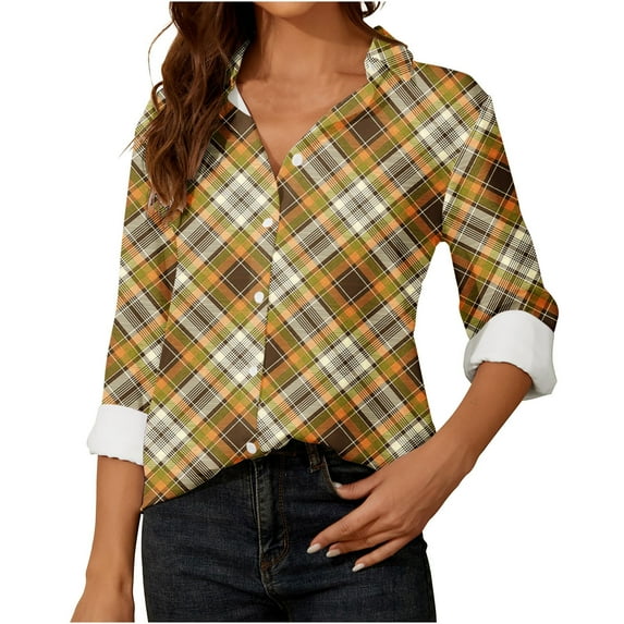 Women Loose Button up Shirts Striped Print Rolled Long Sleeve Lapel Collar Lightweight Casual Blouses Tunic Tops(Yellow,L)