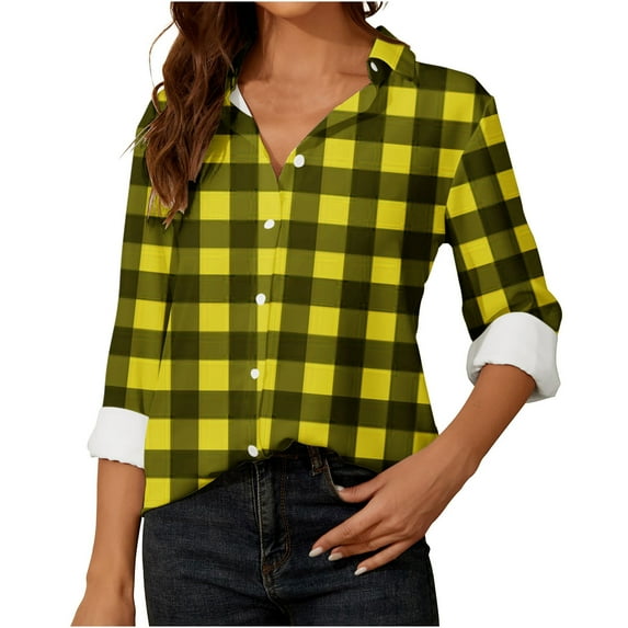 Women Loose Button up Shirts Striped Print Rolled Long Sleeve Lapel Collar Lightweight Casual Blouses Tunic Tops(Yellow,M)