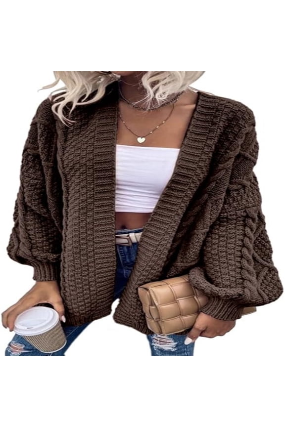 Women Loose Cardigan Sweater Front Open Cable Lantern Sleeve Knit Jacket