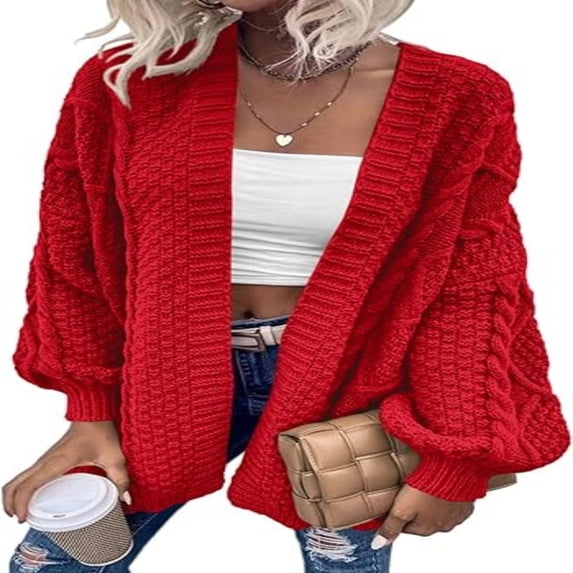 Women Loose Cardigan Sweater Front Open Cable Lantern Sleeve Knit Jacket