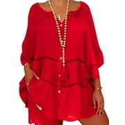 UKAP Women Loose Casual Boyfriends Button Tunic Top Flare Sleeve V Neck Button Plus Size Blouse Comfort Cool Baggy Clothing Shirts