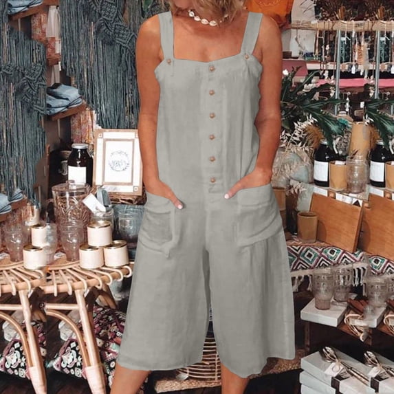 Women Loose Casual Jumpsuits Linen Wide Leg Jumpsuits Bib Pants Baggy Rompers Overalls With Pockets Dress for Women New Years Eve Jumpsuit Women New Jumpsuits for Women Juniors Jumpsuits Formal Short