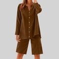 thumbnail image 1 of Women Loose Casual Solid Color Beach Outfits Long Sleeve Button Shirts with Long Shorts Summer Linen 2pc Set Coffee M, 1 of 9