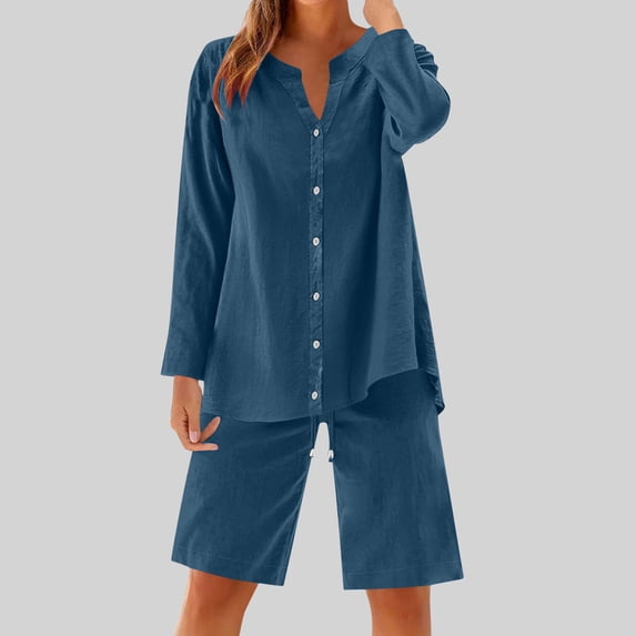Women Loose Casual Solid Color Beach Outfits Long Sleeve Button Shirts with Long Shorts Summer Linen 2pc Set Dark Blue 5XL