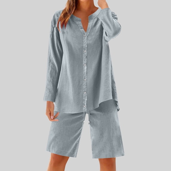 Women Loose Casual Solid Color Beach Outfits Long Sleeve Button Shirts with Long Shorts Summer Linen 2pc Set Gray 4XL
